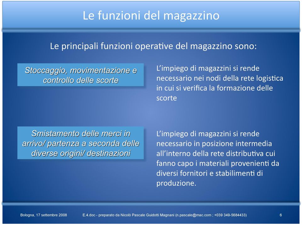 funzioni del magazzino